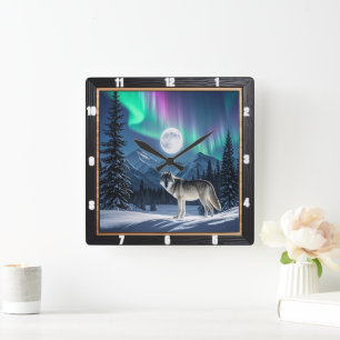 Horloge Carrée Wolf Aurora Borealis Faune