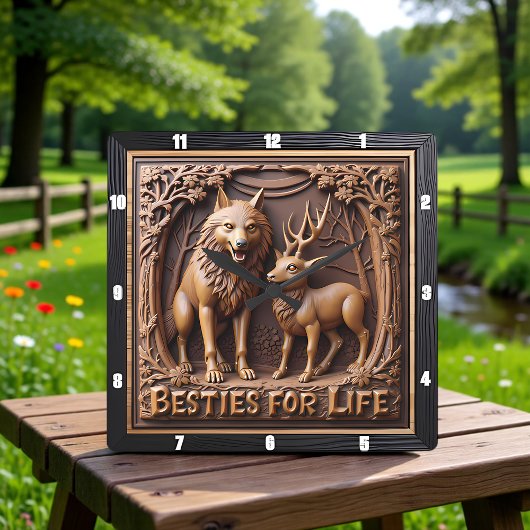 Horloge Carrée Wolf Deer Pair Wood Carving
