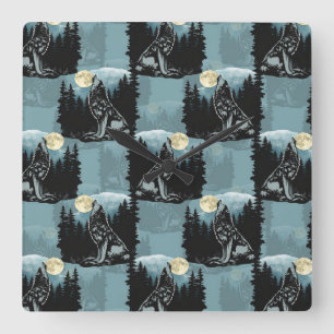 Horloge Carrée Wolf Howling À Moon Design Motif
