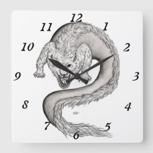 Horloge Carrée Wolfdragon design noir et blanc