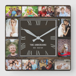Horloge Carrée Wooden 12 family photo collage roman 