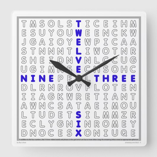 Horloge Carrée Word Search Clock with downloadable puzzle (blue) (Recto)