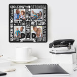 Horloge Carrée Words For #1 Dad Father's Day Photo Collage Black<br><div class="desc">Celebrate your special and wonderful father in your life with our memable and unique words for dad, father's day black clock. The design objets a collage of different words for dad combined with a four photo layout to display your own special family photos. Black background with the words displayed in...</div>
