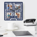 Horloge Carrée Words For #1 Dad Father's Day Photo Collage Navy<br><div class="desc">Celebrate your special and wonderful father in your life with our memable and unique words for dad, father's day navy clock. The design objets a collage of different words for dad combined with a four photo layout to display your own special family photos. Navy background with the words displayed in...</div>