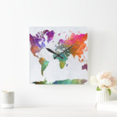 Horloge Carrée World Map In Watercolor (Maison)