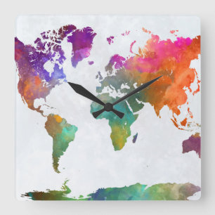 Horloge Carrée World Map In Watercolor
