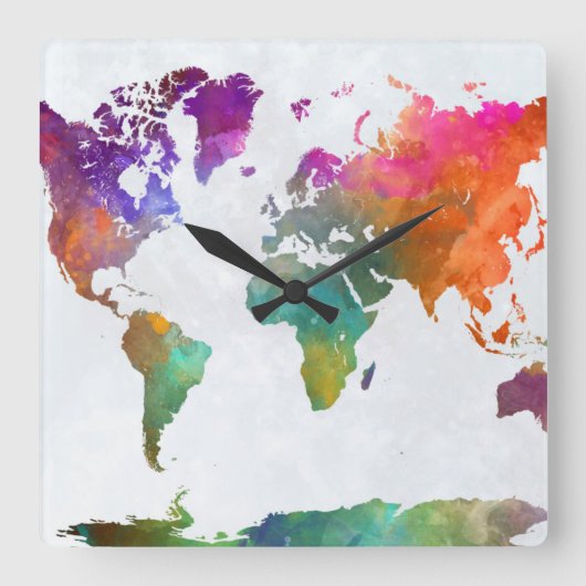 Horloge Carrée World Map In Watercolor (Recto)