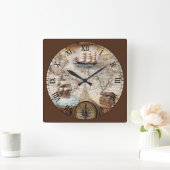 Horloge Carrée World Map with Ship and Compass (Maison)
