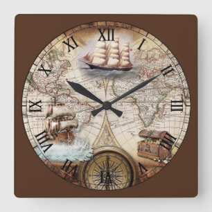 Horloge Carrée World Map with Ship and Compass