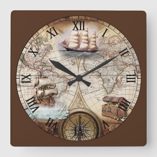 Horloge Carrée World Map with Ship and Compass (Recto)