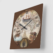 Horloge Carrée World Map with Ship and Compass (Angle)