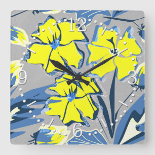 Horloge Carrée Yellow and blue flowers with sparkles large clock.