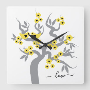 Horloge Carrée Yellow , gray Love birds cherry tree & blossoms