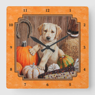 Horloge Carrée Yellow Lab Pup et Pumkin Harvest Orange