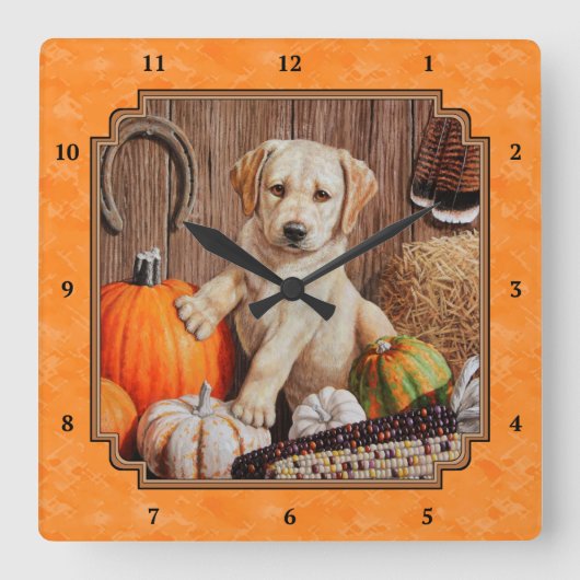 Horloge Carrée Yellow Lab Pup et Pumkin Harvest Orange (Recto)