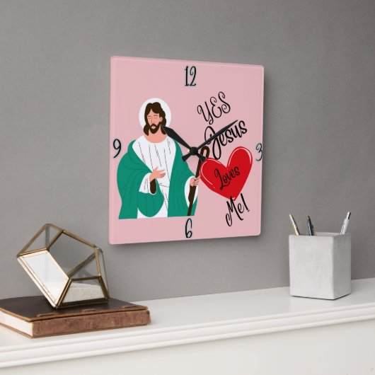 Horloge Carrée "Yes, Jesus Loves Me" Pink Square Clock (Bureau)