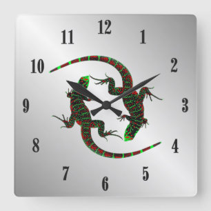 Horloge Carrée Yin Yang Lizards Silver Black Numéros