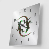 Horloge Carrée Yin Yang Lizards Silver Black Numéros (Angle)