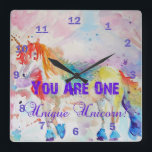 Horloge Carrée You Are One Unique Unicorn ! Clock de Rainbow<br><div class="desc">You Are One Unique Unicorn ! Le clock de Rainbow. For all those young at heart a lovely unicorn card,  using one of my original watercolors. Add a little magic to your life !</div>
