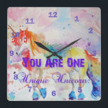 Horloge Carrée You Are One Unique Unicorn ! Clock de Rainbow<br><div class="desc">You Are One Unique Unicorn ! Le clock de Rainbow. For all those young at heart a lovely unicorn card,  using one of my original watercolors. Add a little magic to your life !</div>