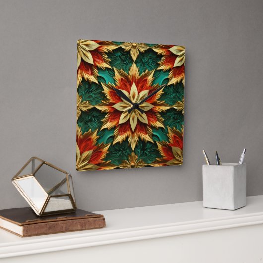 Horloge Carrée Yuletide Opulence : Threads dorés de Noël (Bureau)