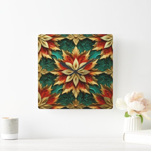 Horloge Carrée Yuletide Opulence : Threads dorés de Noël (Maison)