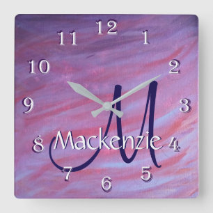 Horloge Carrée Zebra Abstract   Cute Pink Purple monogram
