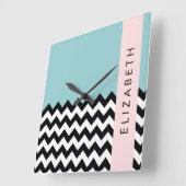 Horloge Carrée Zigzag noir et blanc, Chevron, Bleu, Votre nom (Angle)