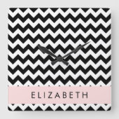 Horloge Carrée Zigzag noir et blanc, Motif Chevron, Votre nom (Recto)