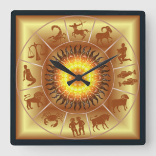 Horloge Carrée Zodiac Toasted Sun - Western Astrology us Gold Bac