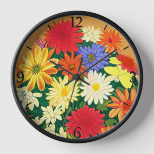 Horloge Cercle de fleurs, marguerites colorées et monstres