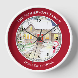 Horloge Chalet enneigé aquarelle nombres romains grande ho