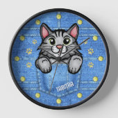 Horloge Chat gris en poche Faux Denim avec nom personnalis (Recto)