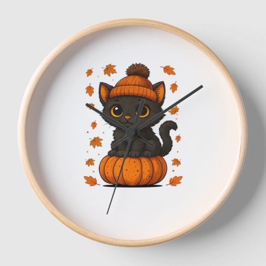Horloge Chat noir mignon assis sur Citrouille Automne esth (Recto)