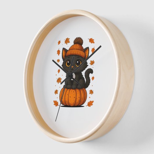 Horloge Chat noir mignon assis sur Citrouille Automne esth (Angle)