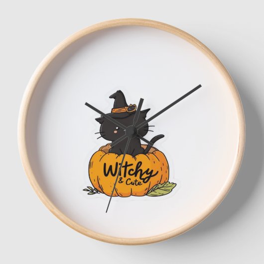 Horloge Chat noir mignon en citrouille avec casquette sorc (Recto)