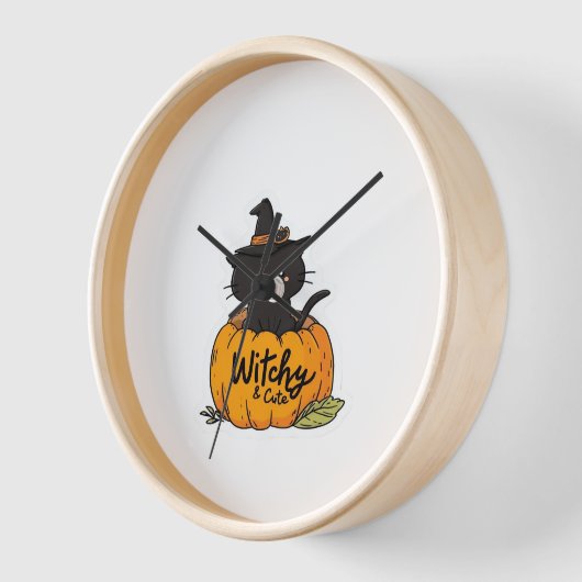Horloge Chat noir mignon en citrouille avec casquette sorc (Angle)
