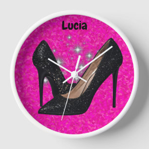 Horloge Chaussure haute Parties scintillant noire sur rose