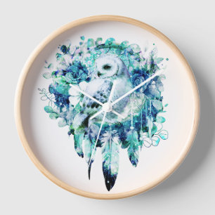 Horloge Chouette à neige Dreamcatcher Vert et bleu Turquoi
