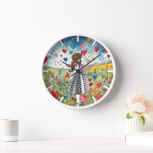 Horloge Coeurs aquarelle et petite fille (Maison)