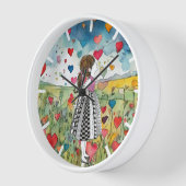 Horloge Coeurs aquarelle et petite fille (Angle)