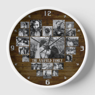 Horloge Collage Photo Famille 20 B&W Heart Pics + Nom Wood