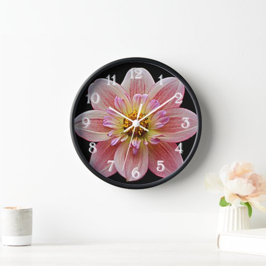 Horloge Collarette rose Dahlia sur Floral noir (Maison)