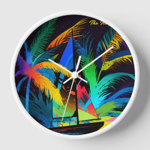 Horloge Coloré Abstrait Voilier Tropical Palm Trees