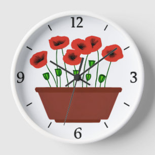 Horloge Coquelicots rouges dans un pot en terre cuite