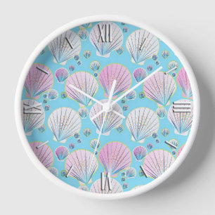 Horloge Coquillages sur fond bleu turquoise