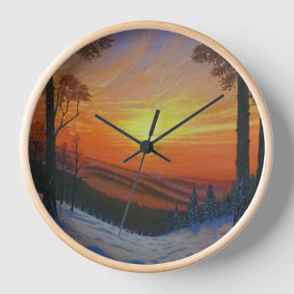 Horloge - "Coucher de soleil sur une forêt enneigé