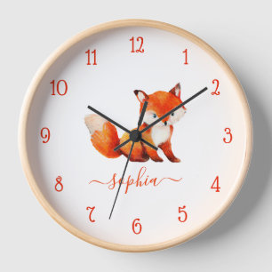 Horloge Couleur d'eau Fox mignonne rouge Script Nom de la 