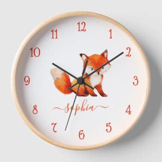 Horloge Couleur d'eau Fox mignonne rouge Script Nom de la 
