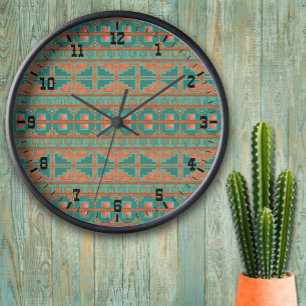 Horloge Couleurs en cuivre Turquoise sud-ouest Motif géomé
